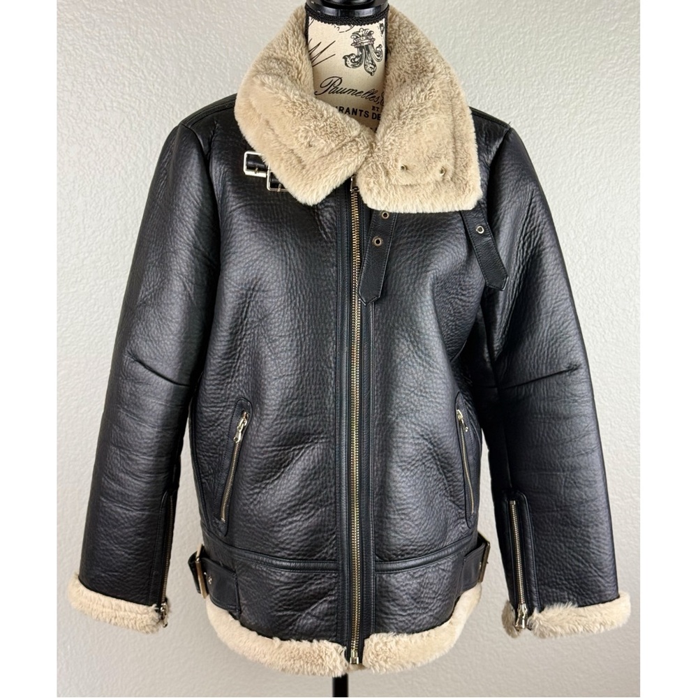 Zara Black Faux Leather Shearling Lined Aviator Jacket - Picture 8 of 12